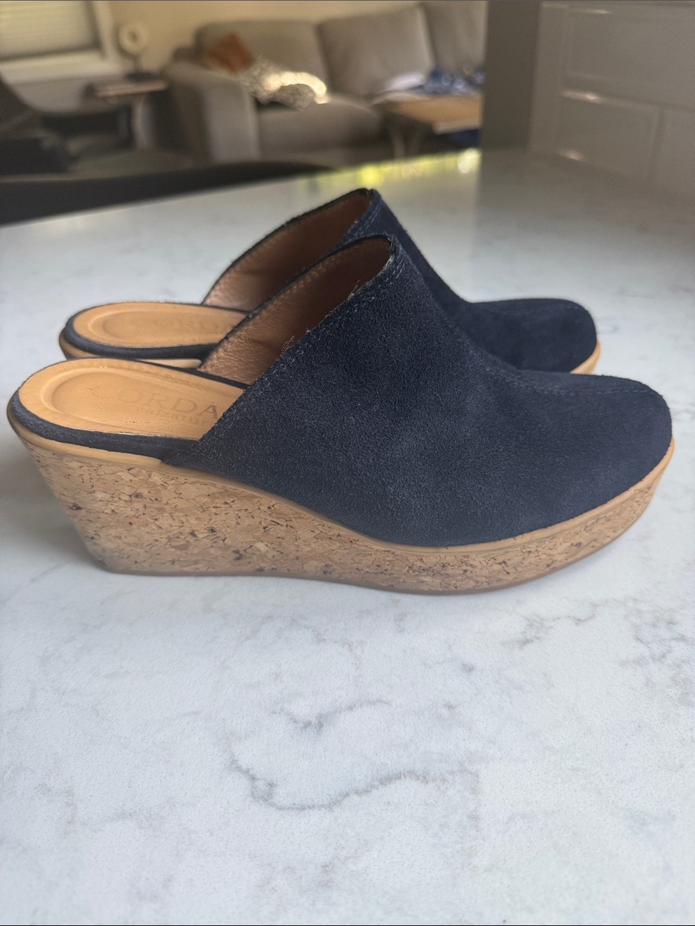 Cordani Suede Cork Wedge Clogs - Navy